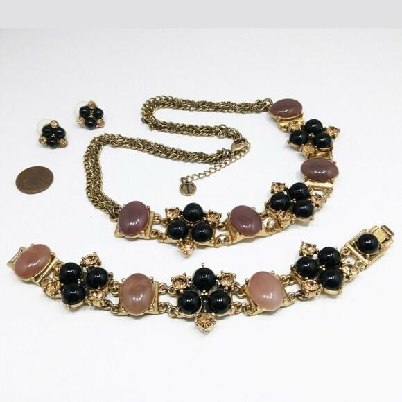 Talbots Rhinestone Necklace Bracelet Earrings Set, Black Brown Cabs, 21"  7 1/2" - Picture 5 of 7